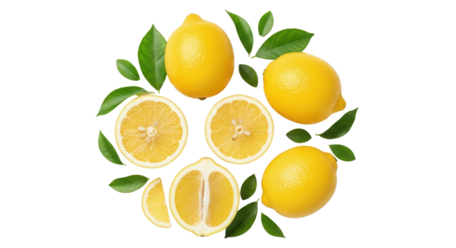 Fresh Whole and Sliced Lemons with Green Leaves Circular Wreath Isolated on White Background