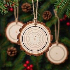 Rustic blank wood slice ornaments with natural bark hanging on a festive Christmas tree with pine cones.
