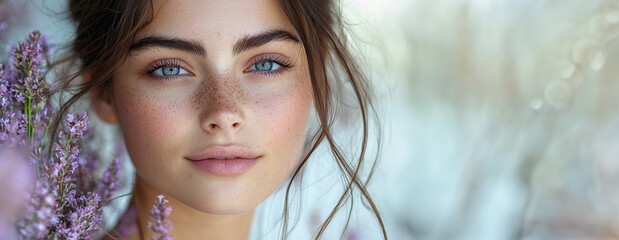 Captivating portrait of a serene and pensive young woman with striking blue eyes and delicate features set against a vibrant backdrop of lush purple flowers in a natural outdoor environment