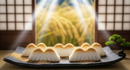 Japaneese cheesecake Traditional Japanese wagashi dessert, presented artfully on a dark plate with kinako powder, set against a backdrop of glowing rice stalks.