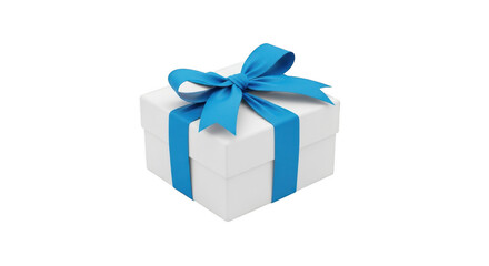 White gift box with blue ribbon bow isolated on transparent background