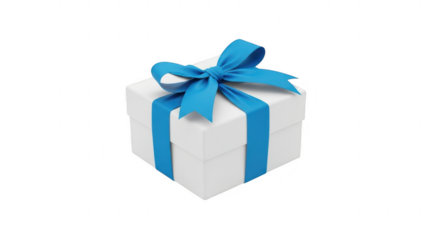 White gift box with blue ribbon bow isolated on transparent background