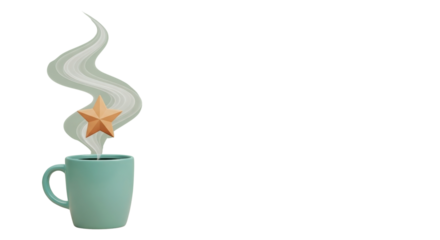 Minimalist Mint Green Coffee Mug 3D Render with Swirling Steam and Golden Star Isolated on White