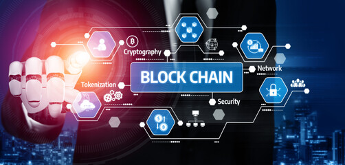 A modern businessman with a robotic hand showcases blockchain technology concepts through data visualization in a futuristic corporate setting, emphasizing innovation. Tessel
