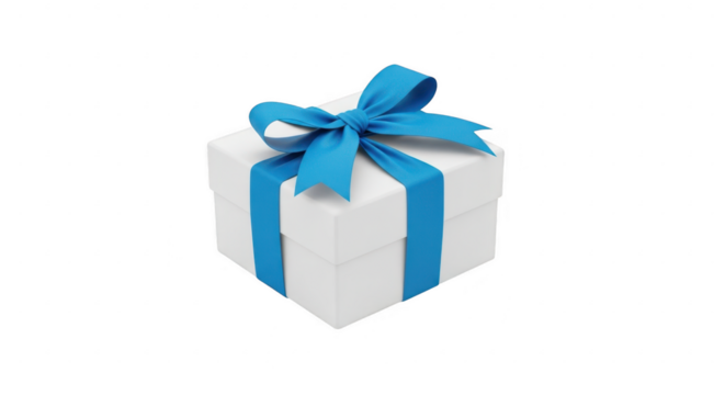 White gift box with blue ribbon bow isolated on transparent background