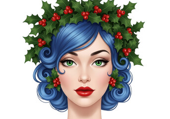 Woman with blue hair and holly wreath isolated on transparent background