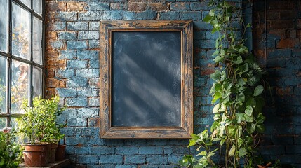Rustic brick wall background with window frame and potted green plant decor  Vintage industrial grungy loft interior design with natural botanical elements and moody atmospheric lighting