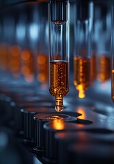 Close up of an amber colored liquid droplet suspended in a glass beaker or test tube under moody dramatic lighting creating a effect