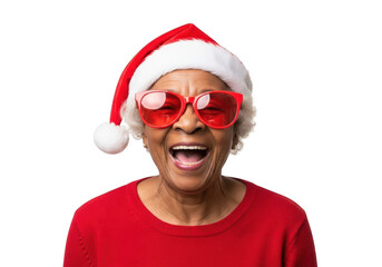 Joyful elderly woman wearing santa hat and red glasses, isolated on transparent background