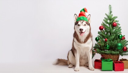 siberian husky with elf hat sitting next to christmas tree