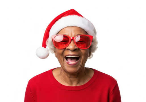 Joyful elderly woman wearing santa hat and red glasses, isolated on transparent background