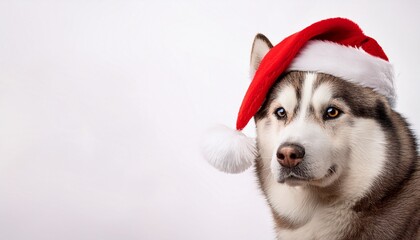 siberian husky with santa hat on white background; free space for text