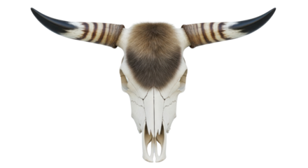 Isolated Longhorn Bull Skull Product Shot with Fur Patches and Striped Horns on White Background