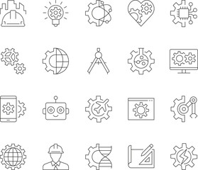 Engineering Line Icons - Set of 20 Editable Stroke Symbols for Technology, Industry, Robotics, and STEM