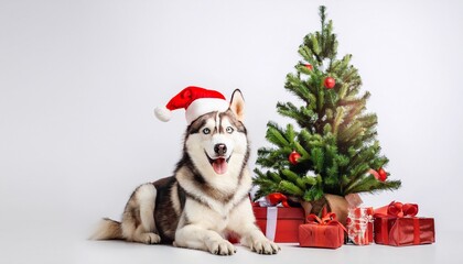 siberian husky with santa hat sleeping next to christmas tree on white background
