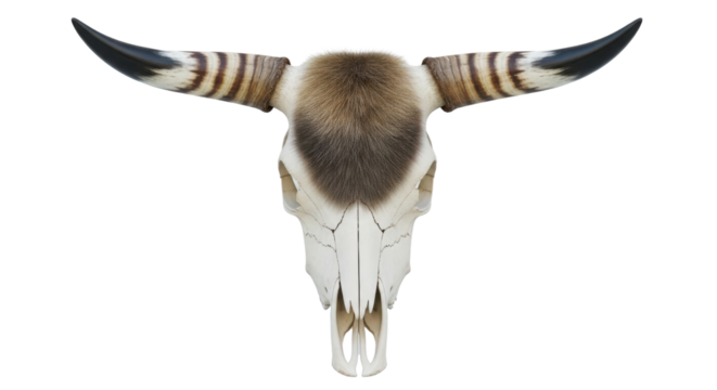 Isolated Longhorn Bull Skull Product Shot with Fur Patches and Striped Horns on White Background