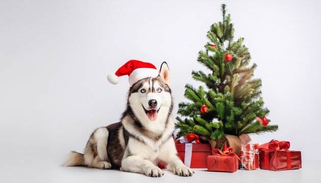 siberian husky with santa hat sleeping next to christmas tree on white background - Powered by Adobe