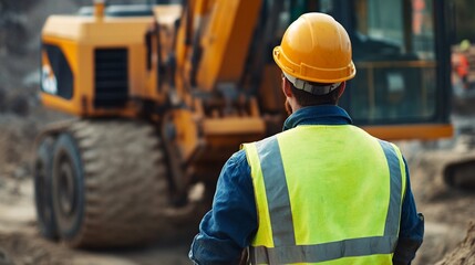 Construction worker wearing hardhat and high visibility safety vest operating heavy earth moving equipment like backhoe loader or excavator at an active industrial construction site
