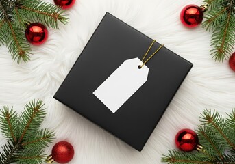 Black Christmas gift box with a blank tag surrounded by red baubles and fir branches on a white fur background.