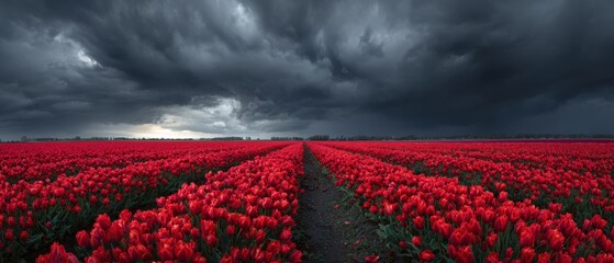 Expansive Red Tulip Field Under a Moody Sky with Heavy Dark Clouds tulips red tulips