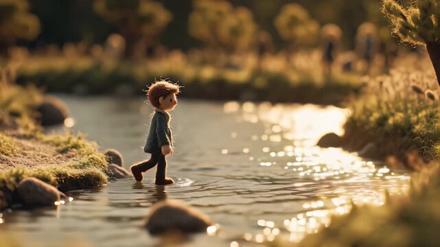 Animated figure walking near water in natural environment
