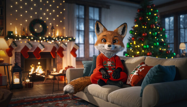 Adorably realistic fox in red Christmas pajamas sitting on a couch in a decorated holiday living room. Soft fairy lights behind, stockings on the fireplace, green&ndash;red ornaments, and a warm cozy ambien