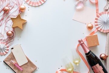 Festive flat lay with champagne, pink decorations, and gift boxes background. Celebration theme with champagne, pink accents, and festive decor. Perfect for party vibes. Pink party background.