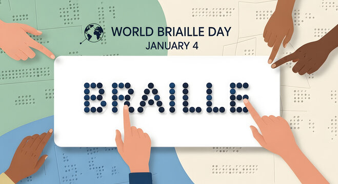 Diverse hands point to braille text celebrating world braille day on january 4th