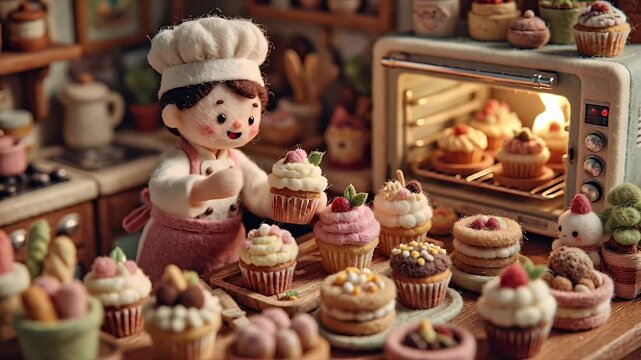 Chef toy with cupcakes and baked goods in kitchen setting