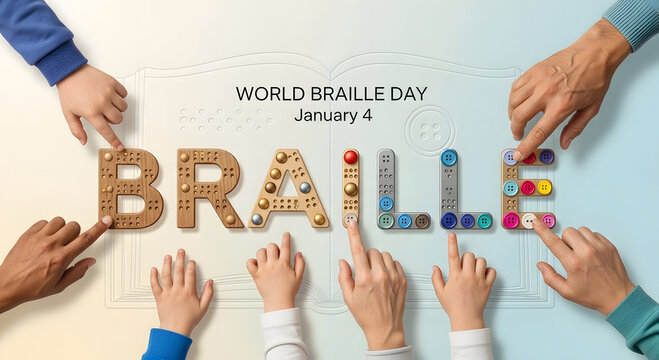 Hands assembling the word braille for world braille day celebration - Powered by Adobe