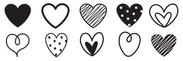 Hand drawn doodle line hearts. Hand drawn love symbol collection. Various different hand drawn heart icon love symbol. Romantic designs, valentine’s day cards, wedding invitations, logos, stickers. 