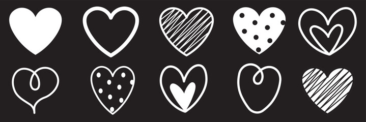 Hand drawn doodle line hearts. Hand drawn love symbol collection. Various different hand drawn heart icon love symbol. Romantic designs, valentine’s day cards, wedding invitations, logos, stickers. 