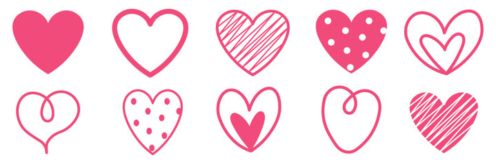 Hand drawn doodle line hearts. Hand drawn love symbol collection. Various different hand drawn heart icon love symbol. Romantic designs, valentine’s day cards, wedding invitations, logos, stickers. 
