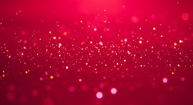 Vibrant red background with shimmering golden and pink bokeh light particles creating a festive and magical abstract glow for celebratory design elements
