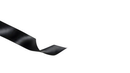 Black mourning ribbon on white background, close-up loop shape with soft shadow, minimal and symbolic tribute for condolence, grief, remembrance, loss, memorial design and awareness themes.