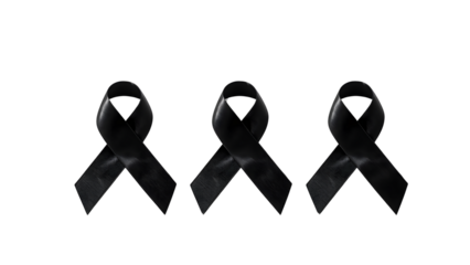 Black mourning ribbon on white background, close-up loop shape with soft shadow, minimal and symbolic tribute for condolence, grief, remembrance, loss, memorial design and awareness themes.