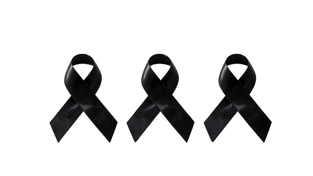 Black mourning ribbon on white background, close-up loop shape with soft shadow, minimal and symbolic tribute for condolence, grief, remembrance, loss, memorial design and awareness themes. - Powered by Adobe