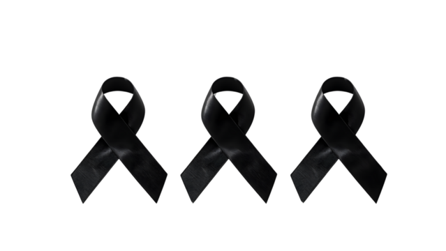 Black mourning ribbon on white background, close-up loop shape with soft shadow, minimal and symbolic tribute for condolence, grief, remembrance, loss, memorial design and awareness themes.