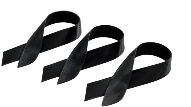 Black mourning ribbon on white background, close-up loop shape with soft shadow, minimal and symbolic tribute for condolence, grief, remembrance, loss, memorial design and awareness themes.