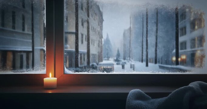Cinematic view from a cozy room with a warm candle on the windowsill looking out at a serene, snowy city street in winter