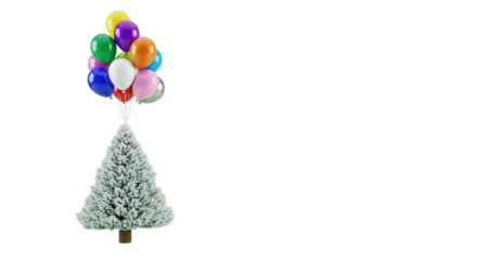Isolated Flocked Miniature Christmas Tree Flying with Colorful Celebration Balloons Concept