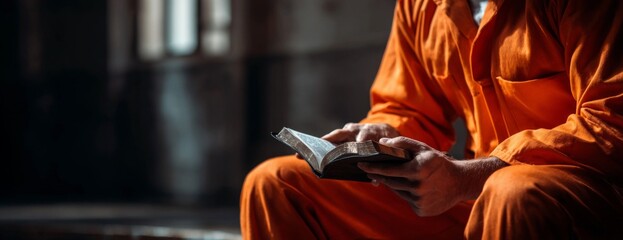 Inmate reading bible book while sitting on a bench in a dimly lit space  