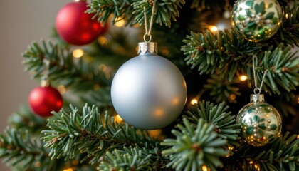 Fototapeta premium Close up of assorted Christmas ornaments hanging on a green fir tree with warm bokeh lights