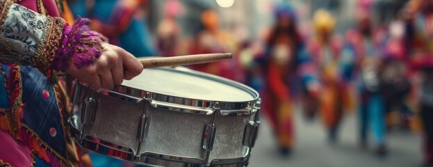 Naklejka premium Drummer playing snare drum in colorful costume during carnival parade 
