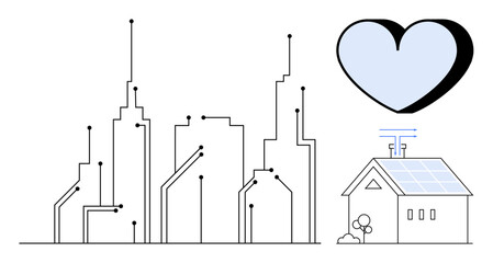 Naklejka premium City skyline with circuit patterns, solar-powered home with panels, and heart. Ideal for sustainability, smart technology, urban life, energy, connectivity eco-friendliness future. Simple flat