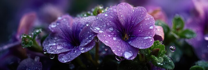 Close up of purple petunia flowers covered in water droplets Keywords: purple flowers, petunia, water droplets, dew, raindrops, wet