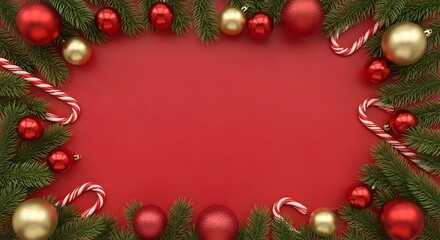 Christmas frame with ornaments, candy canes, and fir branches on red