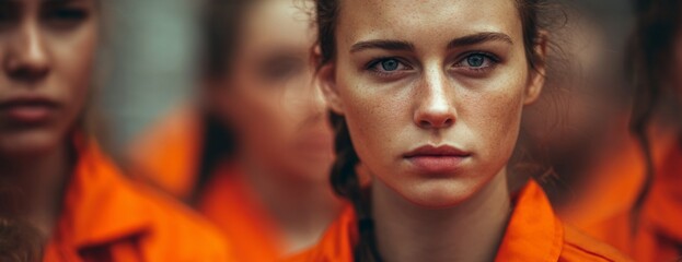 Young woman with serious expression in orange prison jumpsuit among inmates, close-up photo  