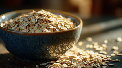 Close-up of golden rolled oats in a ceramic bowl on rustic wooden table with warm sunlight and soft depth of field