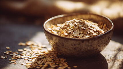 Close-up of golden rolled oats in a ceramic bowl on rustic wooden table with warm sunlight and soft depth of field